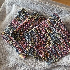 Handmade 3 Piece Set of Crocheted 100% Cotton Washcloths in Rainbow & Navy